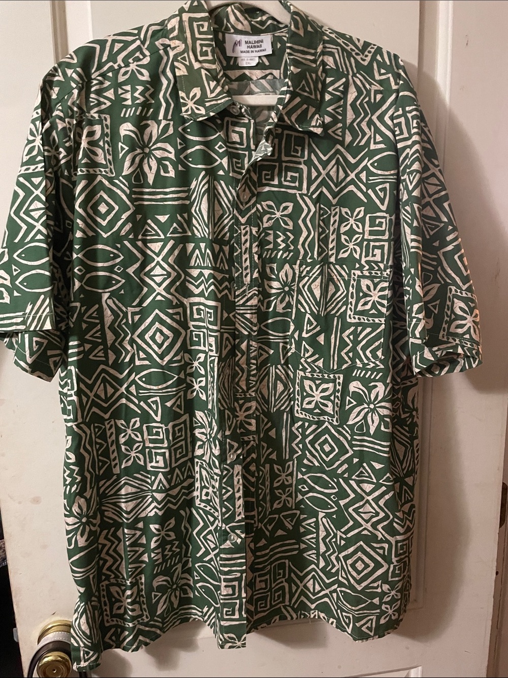 Malachi Vintage Classic Olive & White Geometric Hawaiian Aloha Button Shirt 2XL